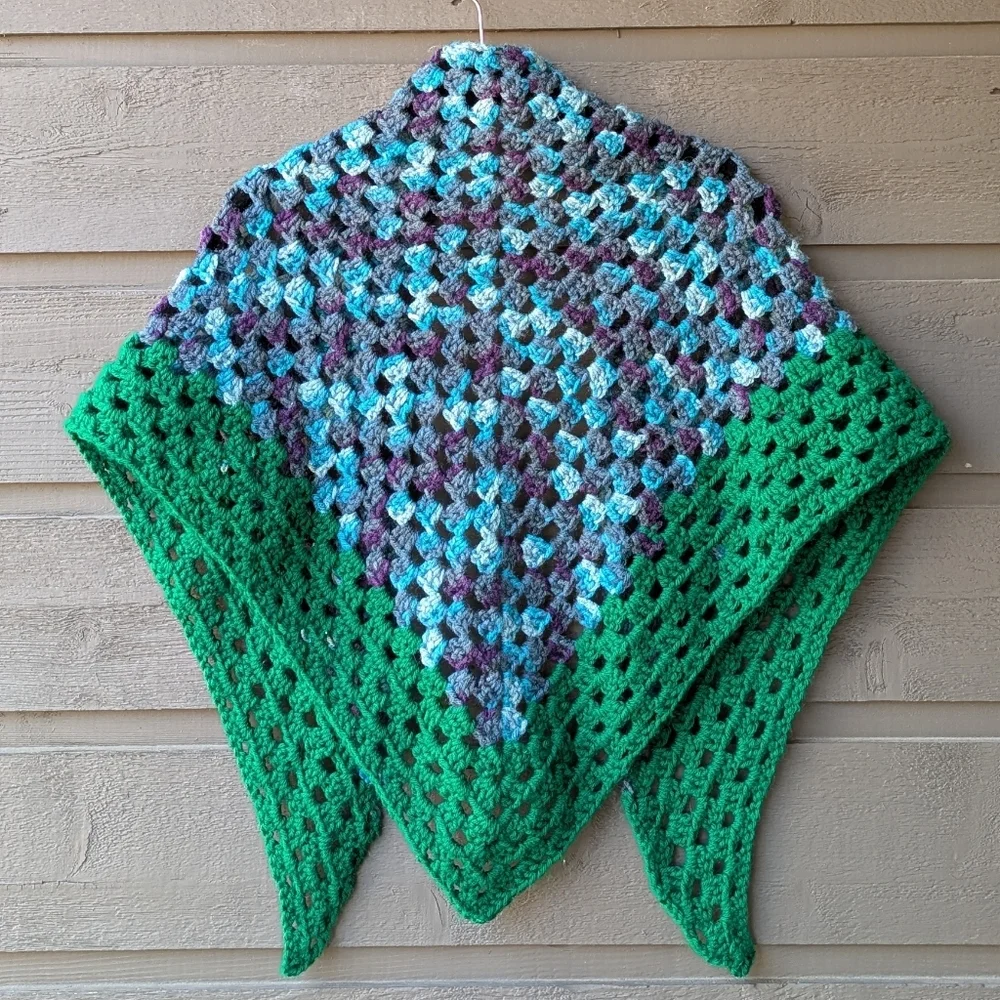 Handmade Colorful Crochet Triangle Shawl Green Aqua Purple Gray